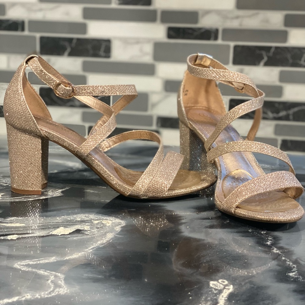 Gold Strap Low Chunky Heels